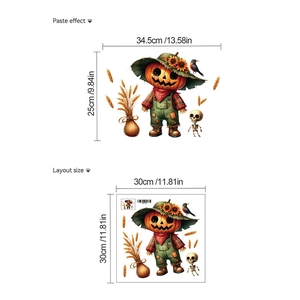 Detail of Halloween pumpkin scarecrow wall sticker with layout and paste effect dimensions