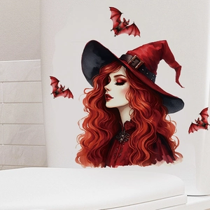 Detailed watercolor Halloween decal featuring a red-haired witch and bats on a wall