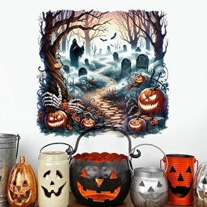 Halloween Graveyard Wall Sticker Removable PVC Decal Pumpkin Ghost Bat Cemetery Scene Decor For Living Room Party