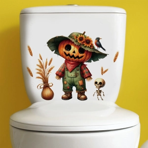 Halloween pumpkin scarecrow and skeleton wall sticker applied on a white toilet tank