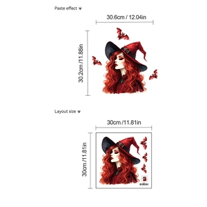 Detail showing Halloween witch wall sticker layout size and paste effect on white background