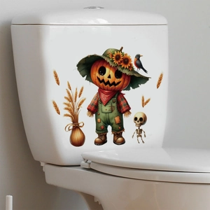 Close-up of Halloween pumpkin man and skeleton waterproof PVC sticker on a toilet tank