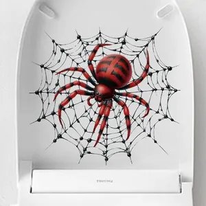 Realistic red and black striped spider on a black web decal for Halloween decor