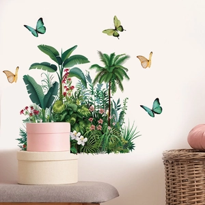 Tropical green palm leaves and colorful butterflies wall decals for home living room decor