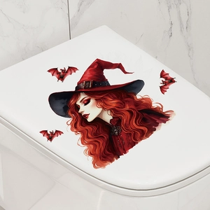 Detailed view of Gothic witch and red bats sticker applied on a white toilet lid