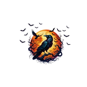 Halloween wall sticker featuring a black crow on a branch with bats and a large orange moon