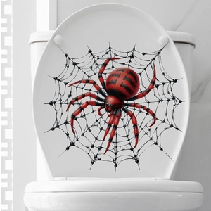 Detailed 3D spider web wall decal on toilet lid for creepy Halloween bathroom decoration