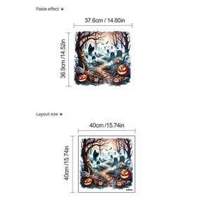 Halloween wall sticker layout showing paste effect and dimensions 40x40cm with pumpkins