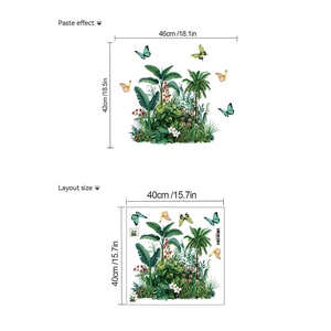 Detailed tropical plant wall sticker layout with palm leaves and floral pattern dimensions