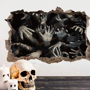 3D Halloween wall decal featuring zombie hands emerging from a broken wall with skull decor