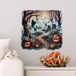 Detailed Halloween wall stickers showing gravestones and pumpkins on white wall