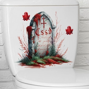 Halloween witch ghost toilet wall sticker with red cross and spooky tombstone motif