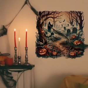Detailed Halloween wall decal showing graveyard scenes with ghosts and pumpkins