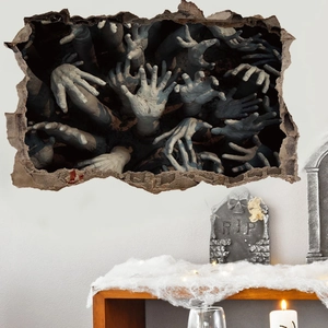 Spooky 3D Halloween wall decal with zombie hands tearing through wall for home decor