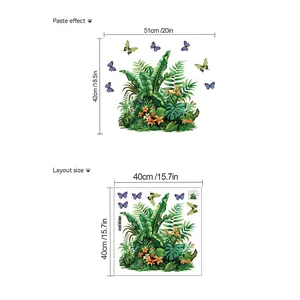 Detailed size chart showing 51x42cm paste effect for tropical leaf wall stickers