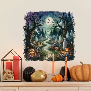Watercolor Halloween wall decal featuring ghosts and pumpkins over a cozy fireplace