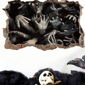 3D Halloween wall decals featuring creepy ghost hands coming out of a broken wall hole