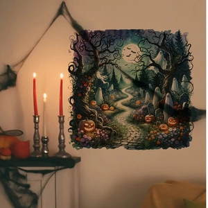 Halloween wall sticker featuring pumpkins ghosts and graveyard on a purple background
