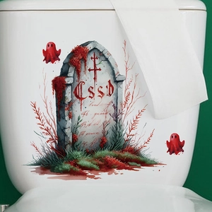Detail of Halloween tombstone and red ghost PVC waterproof decals on a white toilet tank