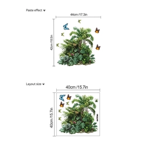Detail showing tropical palm leaf wall sticker layout and finished paste effect dimensions