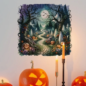 Halloween graveyard wall sticker with ghosts and pumpkins on an off-white wall