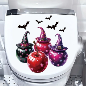 Halloween toilet seat decal featuring witch-themed candy apples and black bats silhouettes