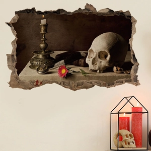 3D Halloween wall sticker featuring a skull with candle and vintage wall crack effect