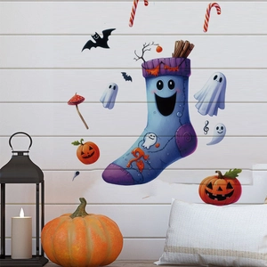 Cartoon Halloween wall stickers featuring a large blue sock and festive pumpkin patterns