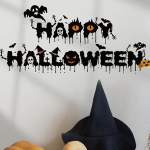 Détail des stickers muraux Happy Halloween avec motifs de fantôme, citrouille et chauve-souris