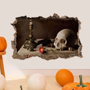 3D wall sticker featuring a realistic skull and gothic candlestick in a broken wall design