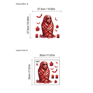 Detailed Halloween wall decal layout and paste dimensions with mummy and ghost motifs