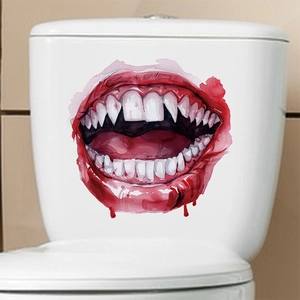 Halloween vampire mouth toilet sticker decoration with sharp teeth in watercolor art style
