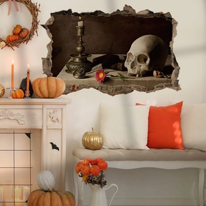 3D Halloween wall sticker with skull, brass candlestick, and vintage books on a broken wall