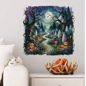 Halloween wall sticker featuring pumpkins and ghosts on white wall in a modern living room