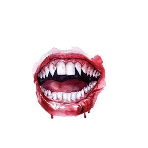 Halloween vampire mouth wall sticker with sharp fangs and realistic watercolor red blood drips