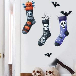 Halloween wall decals featuring spooky cartoon socks, pumpkins, and bats on white wall