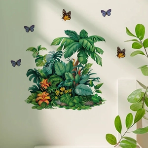 Tropical Green Plants Leaves Wall Stickers PVC Self Adhesive Removable Butterflies Floral Mural For Living Room Bedroom Home
