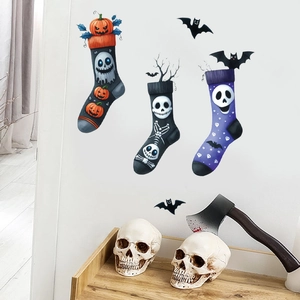 Detailed view of Halloween cartoon sock wall stickers with bats, pumpkins and ghosts