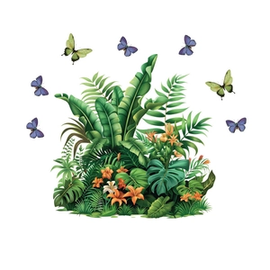 Tropical green wall stickers with monstera leaves, palm plants and vibrant butterflies