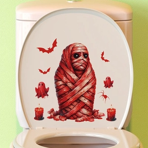 Halloween mummy toilet lid decals set with red bats and ghosts on white ceramic