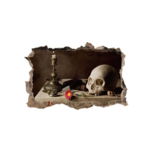 3D Halloween muursticker met schedel, kaars en bloemen met realistisch gebroken muur effect