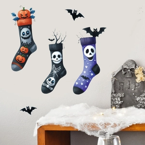 Detailed Halloween wall stickers featuring pumpkin, ghost and skeleton socks on grey wall