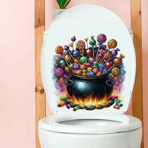Halloween toilet lid sticker with colorful candy cauldron design made of waterproof PVC