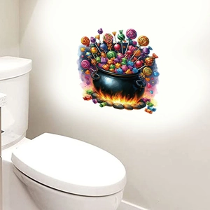 Detailed view of Halloween toilet sticker featuring witch cauldron with colorful candies