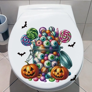 Halloween toilet lid decal with pumpkins bats and eyeballs jar decoration