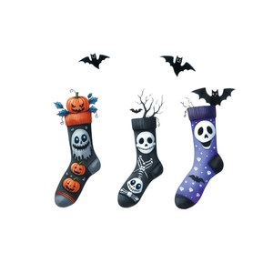 Halloween cartoon crew socks set with pumpkin, skeleton and ghost patterns on white backdrop