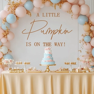 A Little Pumpkin Is On The Way Babyparty Hintergrund mit rosa blau gold Ballons