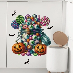 Halloween toilet sticker with Jack-o'-lantern pumpkins, spooky candy jar and bats