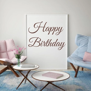 Minimalist Happy Birthday wall stickers with brown artistic script for home party decor