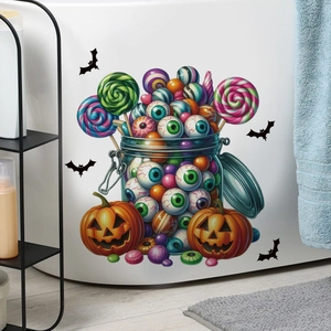 Halloween toilet sticker detail showing candy jar with eyeballs and pumpkin on white wall